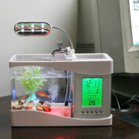 Mini Aquarium Fish Tank with LCD Clock LED Light Holds 1.5 Quart